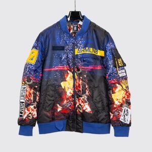 Dreamland Bomber Jacket Size L Men Navy Fire Print Patch Embroidery [Streetwear]